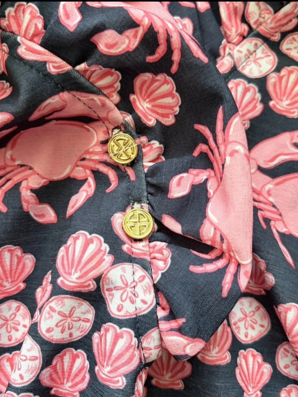 SIMPLY SOUTHERN Dress Womens Medium Navy Pink Crab Shell Print Ruffle Neck Midi - Picture 2 of 9